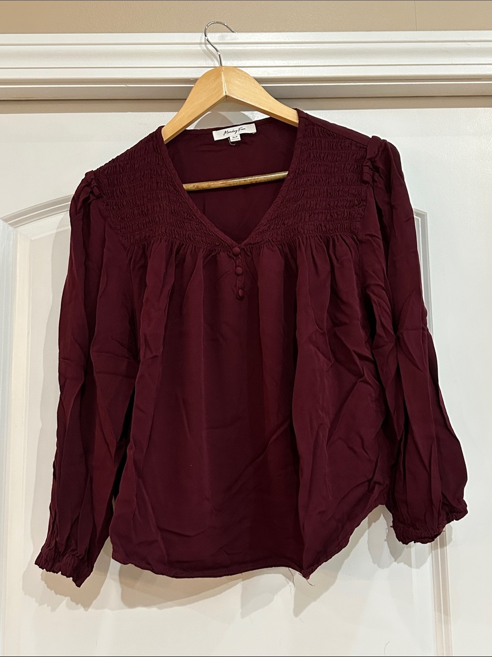 Maeve Wine Smocked V-Neck Peasant Blouse